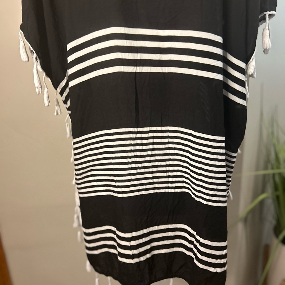 Black White Striped Kaftan Swim Cover Up Tassel Tunic Beach Resort Small - Picture 8 of 10
